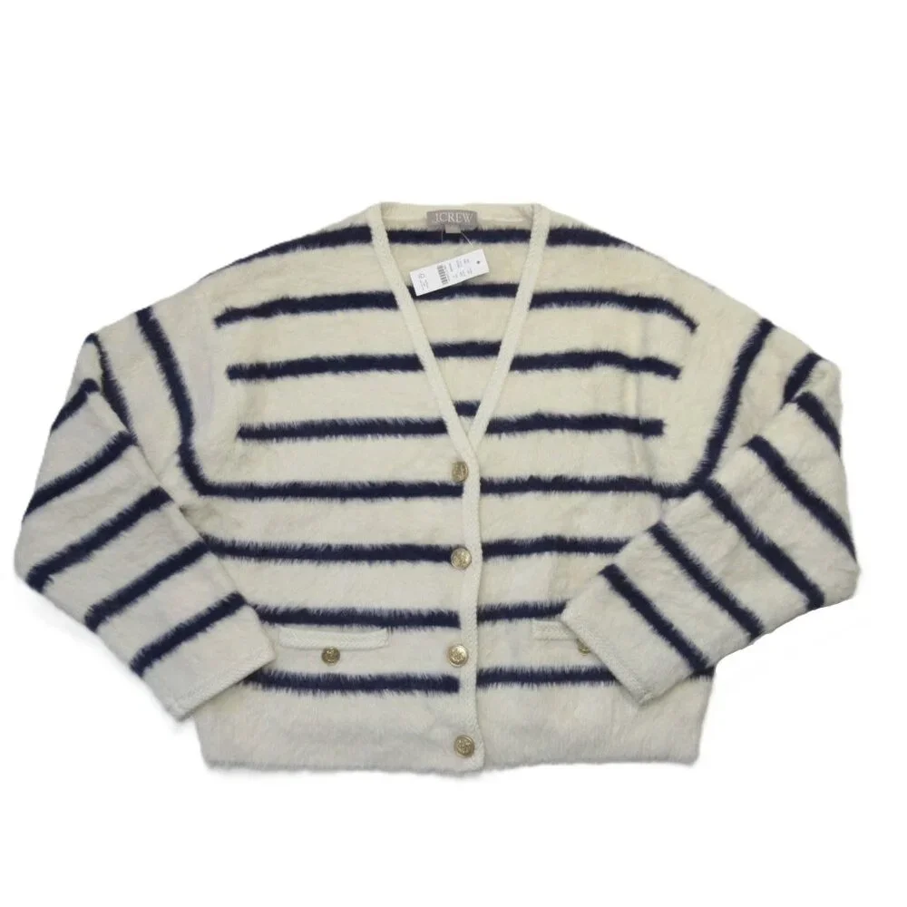NWT J.Crew Sweater Lady Jacket in Warm Sesame Indigo Striped Brushed Yarn S